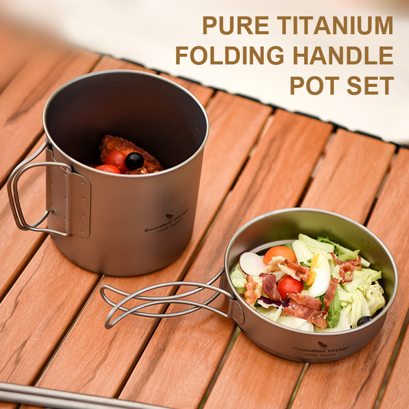 Camping Lightweight Cooking Pot - Pure Titanium Folding Handle Pot Set,Ultra